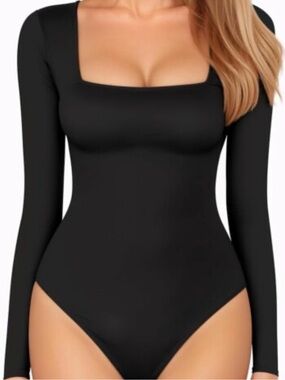 MANGOPOP Black Square Neck Long Sleeve Bodysuit small